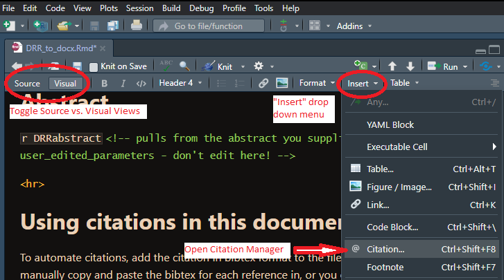 Adding Citations - Source vs. Visual editing of the Template and how to access the citation manager.