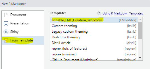 a graphic showing the final steps used to access the template EML creation script included with the EMLeditor package.