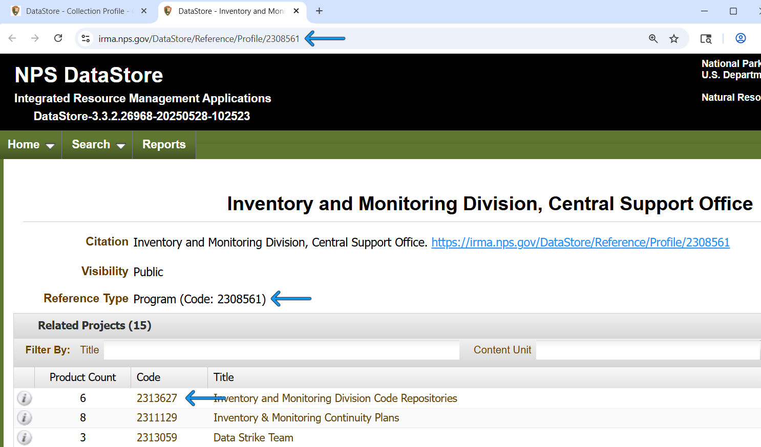 screenshot of a DataStore reference with arrows pointing to the locations, described above, where the reference ID can be found
